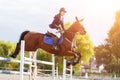 Young rider girl on horse show jumping competition Royalty Free Stock Photo