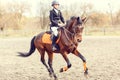 Young rider girl before jumping on show jumping Royalty Free Stock Photo