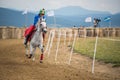 Young rider on a white horse during a parade show