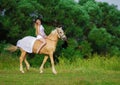 Rider woman blonde with long hair in a white dress with a train posing on a palamino horse Royalty Free Stock Photo