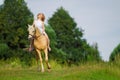 Rider woman blonde with long hair in a white dress with a train posing on a palamino horse Royalty Free Stock Photo