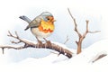 young robin fluffing feathers on a snow-kissed branch