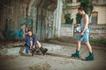 Young roller couple on graffiti background