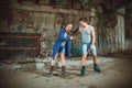 Young roller couple on graffiti background