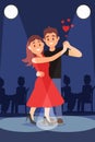 Young romantic couple dancing tango under bright spotlights. Silhouettes of people on background. Flat vector design Royalty Free Stock Photo