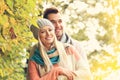 Young romantic couple in the park in autumn Royalty Free Stock Photo