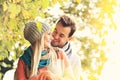 Young romantic couple in the park in autumn Royalty Free Stock Photo