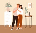 Young romantic couple standing together in furnished room of their new apartment in scandinavian style. Happy man and