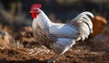 Young rooster standing in a meadow, pecking at the grass generated by AI