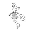 Young running girl in beret with a bag. French style. Vector illustration, line art. Doodle style. Isolated.