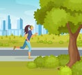 Young running woman, girl jogging cartoon vector