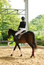 Young 20s Asian woman in horse riding suit with beautiful animal outdoors. Female ride tall smart