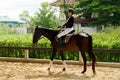 Young 20s Asian woman in horse riding suit with beautiful animal outdoors. Female ride tall smart