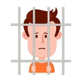 Young sad man prisoner behind bars,