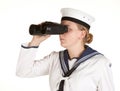 Young sailor with binoculars on white background Royalty Free Stock Photo
