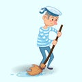 Young sailor in uniform with mop and bucket cleaning equipment. Funny cartoon illustration