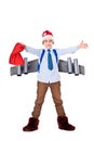 Young Santa Claus with a jetpack on his back holds Christmas gif Royalty Free Stock Photo