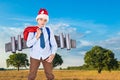 Young Santa Claus with a jetpack on his back holds gifts Royalty Free Stock Photo