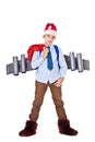 Young Santa Claus with a jetpack on his back holds gifts Royalty Free Stock Photo