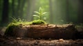 A young sapling emerges from the weathered remnants of a fallen tree