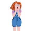 Young scared girl. Beautiful redhead girl in denim overalls standing with frightened face expression.