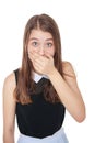 Young scared teenage girl covering her mouth with hand isolated