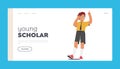 Young Scholar Landing Page Template. Smart School Boy With Glasses Confidently Points With Finger, Vector Illustration