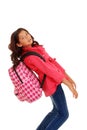 Young school girl with heavy backpack