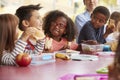 Young school kids eating lunch talking at a table together Royalty Free Stock Photo