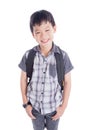 Young schoolboy with backpack smiling over white Royalty Free Stock Photo