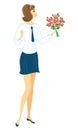 A young schoolgirl goes to school. The girl is very nice, she has a good mood, a smile. The lady carries a bouquet of flowers and