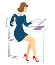 A young schoolgirl sits at a desk. The girl does the homework, writes in the notebook. The lady is very nice. Vector illustration