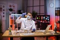 Young scientist african man lab technical service holding flask with lab glassware Royalty Free Stock Photo