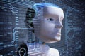 Young scientist is controlling robotic head. Artificial intelligence concept. 3D rendered illustration of a robot