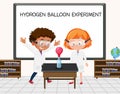 Young scientist doing hydrogen balloon experiment in front of a board in laboratory