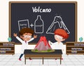 Young scientist doing volcano experiment in front of a board in laboratory