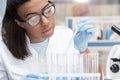 Young scientist in eyeglasses working with test tubes in chemical lab Royalty Free Stock Photo