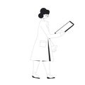 Young scientist. Female character wearing in medical uniform standing with smartphone and thinking about her project isolated on a