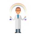 Young scientist holds test tubes and smiles against background of rainbow. Vector characters