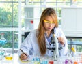 Young scientist looking through a microscope in a laboratory. Health care researchers working in life science laboratory Royalty Free Stock Photo