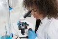 Young Scientist Looking Through Microscope In Laboratory, Mix Race Researcher Doing Research Experiments