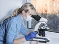 Young scientist looking through microscope in laboratory. Woman doing some research in lab. Student is working at microscope Royalty Free Stock Photo