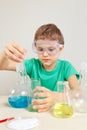 Young scientist in safety goggles doing chemical experiments in laboratory Royalty Free Stock Photo