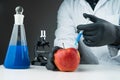 Young scientist using blue liquid, apple, syringe and microscope Royalty Free Stock Photo