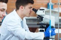 Young scientists carrying out an experiment in a laboratory. Royalty Free Stock Photo