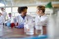 Young scientists enjoy while work in the laboratory. Science, chemistry, lab, people Royalty Free Stock Photo