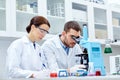 Young scientists making test or research in lab Royalty Free Stock Photo