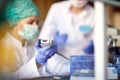 Young scientists in a protective gear work at the laboratory. Science, chemistry, lab, covid 19, virus, corona Royalty Free Stock Photo