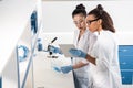 Young scientists using digital tablet while making experiment in chemical laboratory, scientists working together Royalty Free Stock Photo