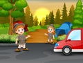 Young scout talking in camping zone scene